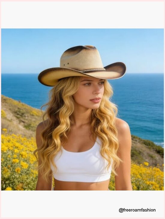 Wide Brim Straw Cowboy Hat for Women Men Western Cowgirl Rodeo Country main image 7